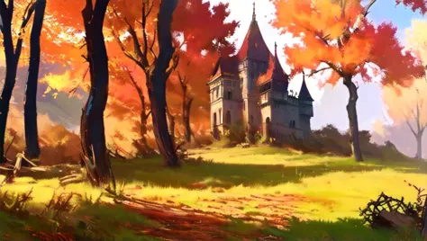 <lora:niji_vn_bg:1>, niji_vn_bg, no humans, 
castle with vines and plants. abandoned. grass. trees. Dnd art style, autumn colors...