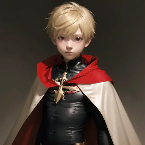 1boy, blonde hair, cape, looking at viewer, red eyes, solo