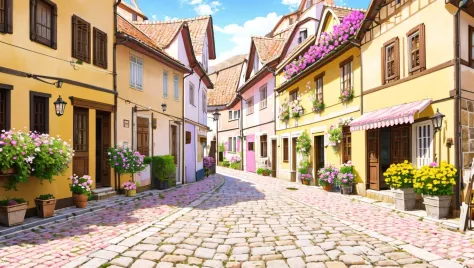 <lora:vn_bg:1> vn_bg,
A charming cobblestone street in an old European town, with pastel-colored houses, blooming flower boxes, ...
