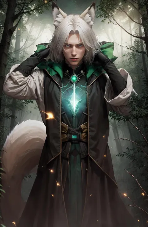 style by CrystalGraziano, medieval portrait, necromancer, regal and charismatic, male kitsune sorcerer, adulte male, white hair,...