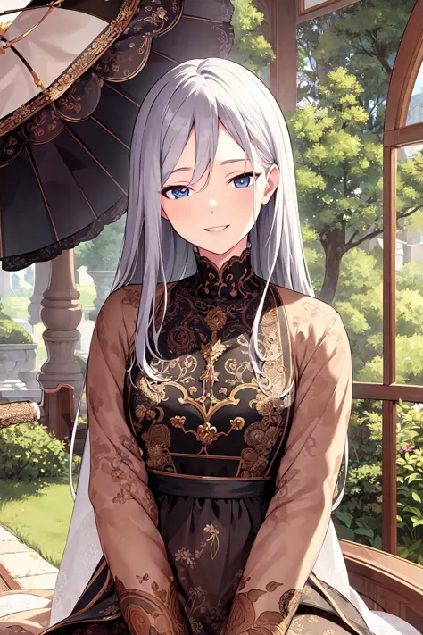 anime girl sitting on a bench with an umbrella in her hand