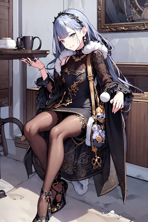 anime girl sitting in a chair with a cup of coffee