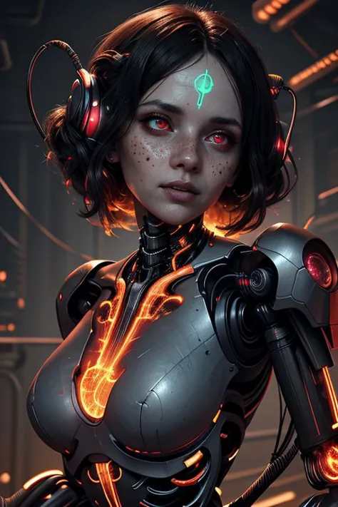 a woman in a futuristic suit with glowing eyes and headphones