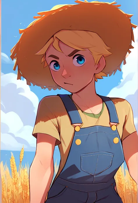 a cartoon picture of a girl with a straw hat and overalls