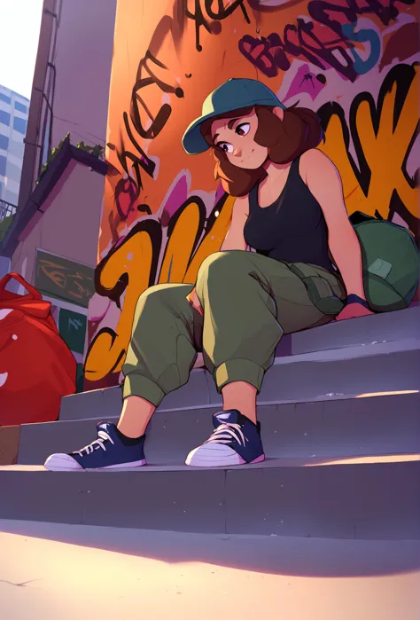 cartoon girl sitting on steps with a backpack and skateboard