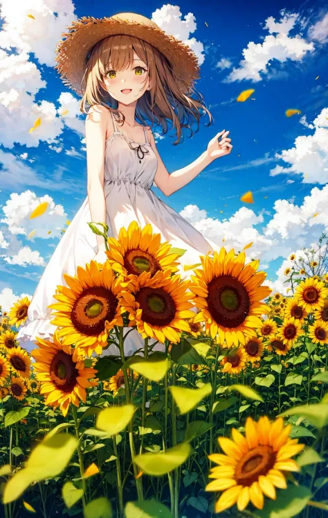 1girl, bangs, bare_shoulders, blue_sky, bouquet, breasts, brown_hair, cloud, cloudy_sky, collarbone, condensation_trail, daisy, ...