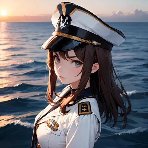 (masterpiece, best quality), 1girl, brown hair, navy officer, navy uniform, white clothes, at the sea, great ship, water, sunset, serious expression, looking at viewer, from above, pirates, extremely detailed, sharp eyes,