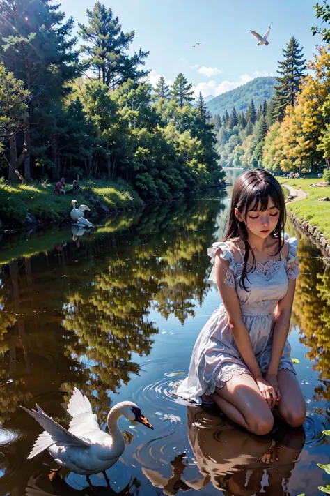 araffes sitting on the ground near a lake with swans