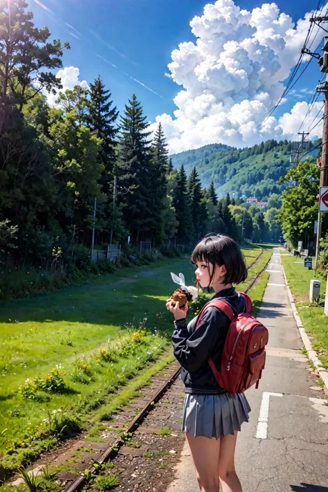 araffe girl standing on the side of the road eating a donut