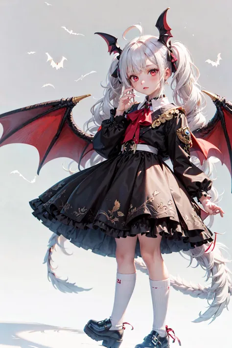 shoes,wings,highres,twintails,1girl,bat wings,bat \(animal\),white hair,red eyes,tail,absurdres,white background,long sleeves,kaede uehara