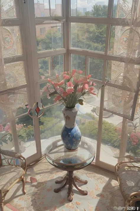 there is a vase with flowers on a table in front of a window