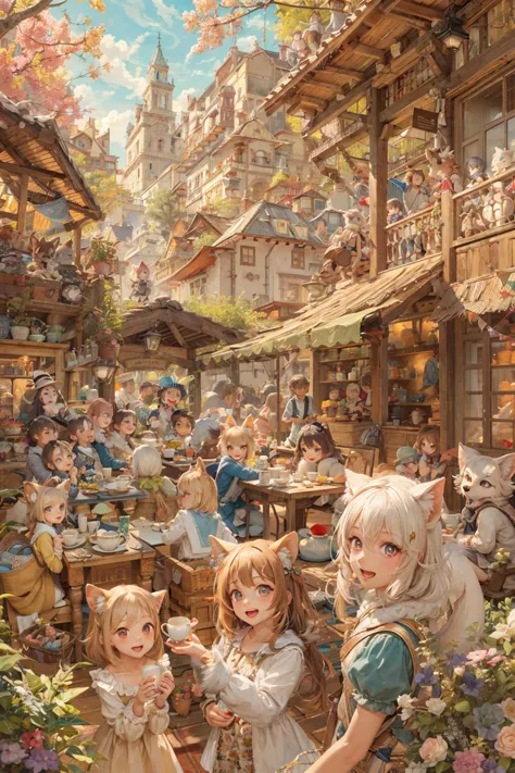 highest quality, Best Quality, High-quality illustrations, masutepiece, è¶A high resolution, Detailed background, Detailed background, Alice's Adventures in Wonderland, The World of Picture Books, tea parties, in group photograph:0.1, 6+Boys, 6+Girls, Happy, Joyful, absurderes(very detailed beautiful face and eyes)Perfect Anatomy(ããã®, furry anthro)Selfie:0.1,