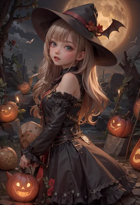 a close up of a girl in a witch costume with a hat and pumpkins