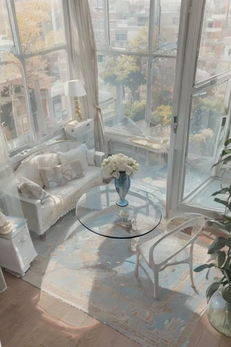 (scenery outside the window:1.6),indoors no humans, contemporary, intricate, sunlight, (close-up from above:1.1),
a big (ceramics vase:1.1) on round (transparent glass table:1.1), colorful flower, luxury square carpet living room,
open window (lace curtains:1.1),