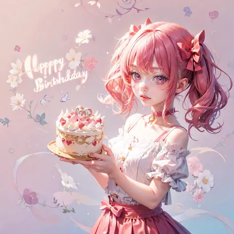 anime girl holding a cake with a happy birthday message on it