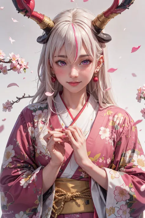 <lora:realistic_LECO:-1> realistic,smile,holding_mask,streaked_hair,oni,blush,solo,kimono,looking_at_viewer,pink_background,white_background,upper_body,absurdres,japanese_clothes,1boy,holding,nail_polish,male_focus,two-tone_background,jewelry,amenochi_hare,long_hair,earrings,pink_eyes,pink_kimono,dangle_earrings,hair_between_eyes,pink_hair,white_hair,fox_mask,piercing,single_horn,single_earring,highres,multicolored_hair,petals,mask,mixed-language_commentary,pink_nails,bishounen,falling_petals,cherry_blossoms,ear_piercing,two-tone_hair,horns,thick_eyebrows