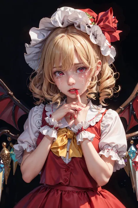 <lora:realistic_LECO:-1> realistic,remilia_scarlet,black_background,bowtie,highres,drill_hair,red_rose,frilled_shirt_collar,fingernails,lolita_fashion,kyogoku-uru,simple_background,2girls,shirt,wrist_cuffs,flower,hair_bow,crystal,sharp_fingernails,red_vest,medium_bangs,wavy_hair,red_lips,bow,red_flower,touhou,red_eyes,flandre_scarlet,sisters,red_nails,wings,solo_focus,rose,hair_ornament,yellow_bow,one_side_up,short_hair,upper_body,hair_flower,bonnet,siblings,frills,red_bow,vest,blonde_hair,adapted_costume,yellow_bowtie,nose,slit_pupils,realistic,white_shirt,crying,index_finger_raised,crying_with_eyes_open,multiple_girls,hands_on_another&