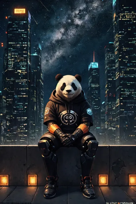 a close up of a panda bear sitting on a ledge in front of a city