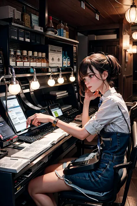 woman sitting at a desk with a laptop and a keyboard