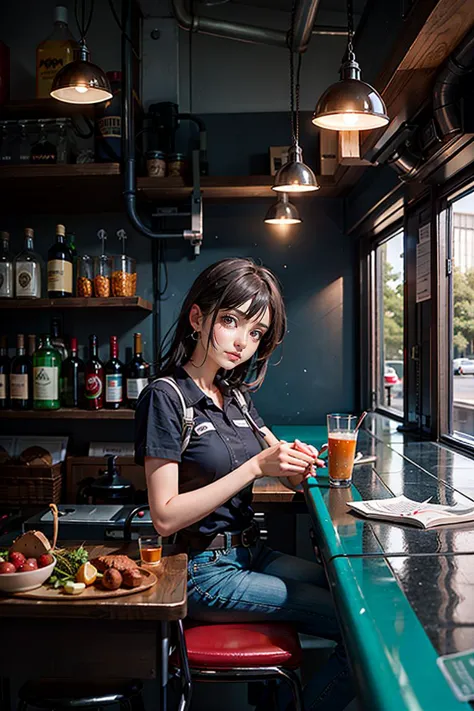 there is a woman sitting at a bar with a glass of beer