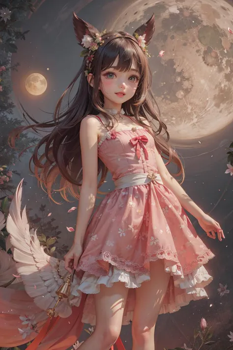 a girl in a pink dress with a cat ears and tail