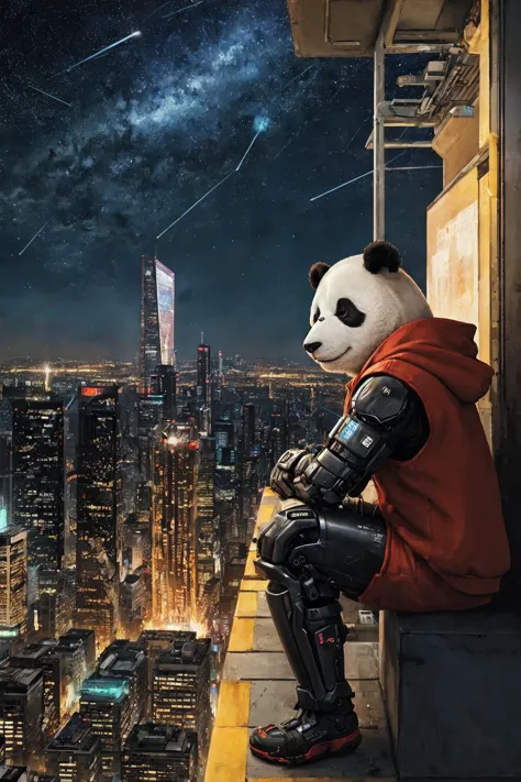 (a cyborg anthropomorphic giant panda male furry is sitting solo on rooftop:1.1), (He has very fluffy fur on cheek and animal head:1.1), (mechanical arms and hands, mechanical legs and boots, gloves:1.1), (He wears a short sleeves red hoodie with both proud and serious on his face:1.1), (His eyes are black and shine and looking afar:1.1), 
BREAK city below, backlighting, night, moonlight, starry sky, shooting star, constellation, masterpiece, best quality, realistic, illustration, cyberpunk, science fiction, medium shot, dutch angle