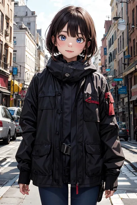 anime girl in black jacket and jeans standing on street corner