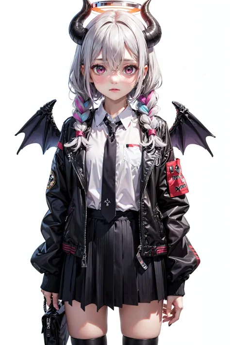 thigh_strap,cowboy_shot,open_jacket,solo,multicolored_hair,horns,black_necktie,twin_braids,black_footwear,pleated_skirt,wings,closed_mouth,kain501i,necktie,shirt,white_hair,demon_horns,highres,jacket,long_hair,single_wing,black_hair,black_jacket,open_clothes,white_background,simple_background,skirt,hair_between_eyes,white_shirt,alternate_hairstyle,halo,red_eyes,black_horns,purple_wings,blue_archive,collared_shirt,kayoko_\(blue_archive\),braid,grey_halo,long_sleeves,blush,1girl