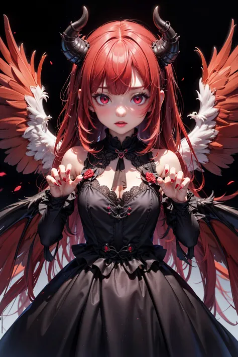 score_9, score_8_up, score_7_up, score_6_up, score_5_up, score_4_up, 1girl, girl demon, red hair, red eyes, wings, claws, black dress, beautiful_face