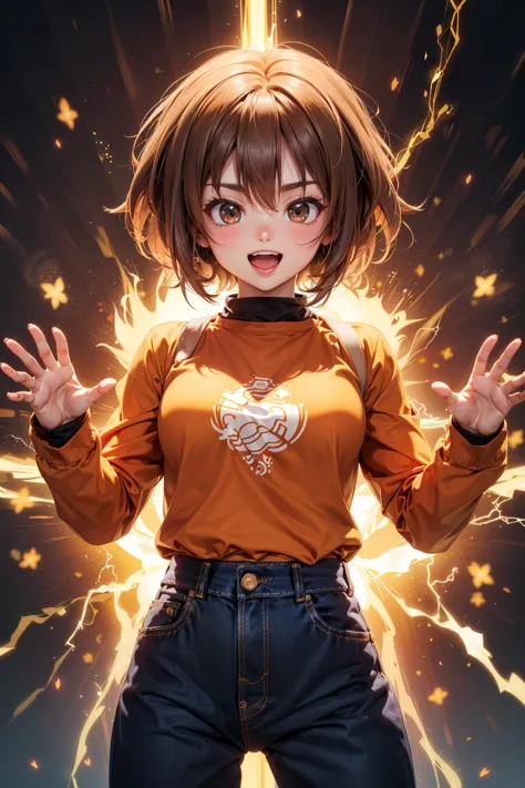 orange_shirt,cowboy_shot,kamishima_kanon,brown_hair,animal_print,looking_at_viewer,standing,pants,smile,open_mouth,super_saiyan_2,long_sleeves,highres,dragonball_z,nishizumi_maho,brown_pants,shirt,solo,elephant,short_hair,1girl,v-shaped_eyebrows,aura,electricity,absurdres,girls_und_panzer,aged_down,brown_eyes,dragon_ball,super_saiyan,clenched_hands