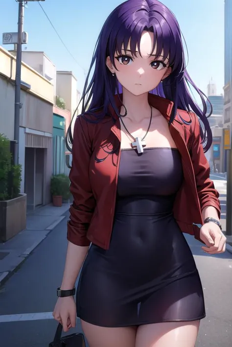 misatokatsuragi, <lora:misatokatsuragi-lora-nochekaiser:1>,
misato katsuragi, long hair, (brown eyes:1.5), blue hair, (purple ha...