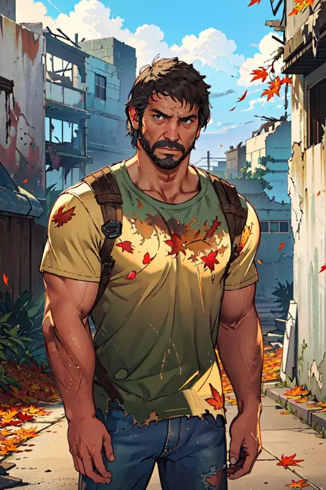 Best quality, masterpiece, ultra high res,detailed background,hadesstyle,solo,joel \(the last of us\),male,mature,bara,mature male,facial hair,dusk,cowboy shot,cloudy sky,autumn,autumn leaves,short hair,broken city,ruined street,ruins,plant,serious,looking at viewer,depth of field,, 