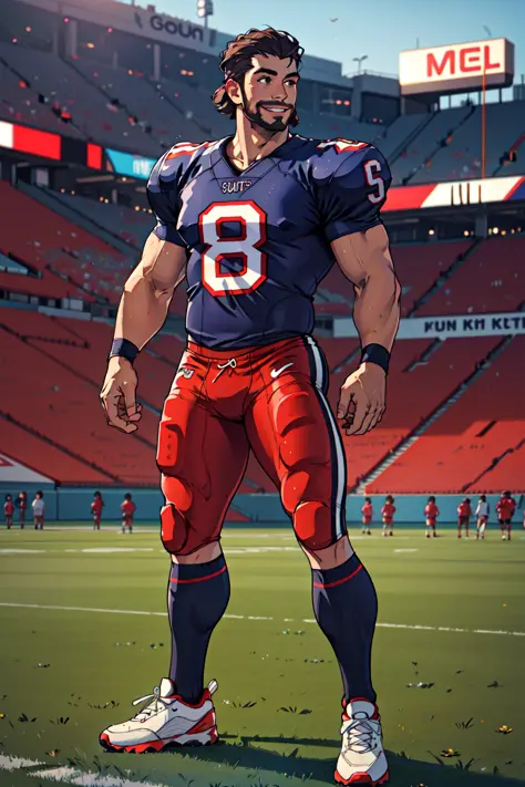 Best quality, masterpiece, ultra high res,detailed background,realistic,solo,male,mature,bara,muscular,short hair,facial hair,school,full body,football player,Football Field,sports,thick thighs,light smile,sneakers,depth of field,