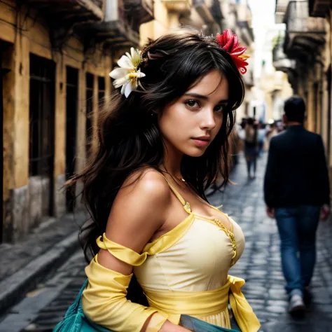 (Havana old streets, SFW, vintage Cuban dress, flower in hair, espadrilles, nostalgic pose, strolling through colorful streets, ...