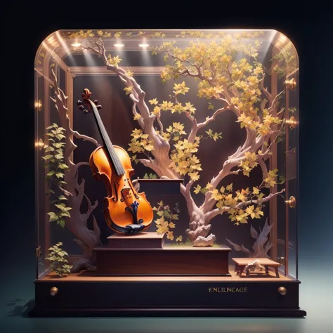 (knollingcase:1.2), ((Only one complete violin on display:1.1)), Violin parts, Sheet Music, Acrylic display cabinet,(White background:0.6), Wooden base, isometric display case, knolling teardown, dramatic lighting, dramatic lighting, blue light, octane render, photorealism, photorealistic, isometic render, 4k, Green Leaves, <lora:epiNoiseoffset_v2:0.7>