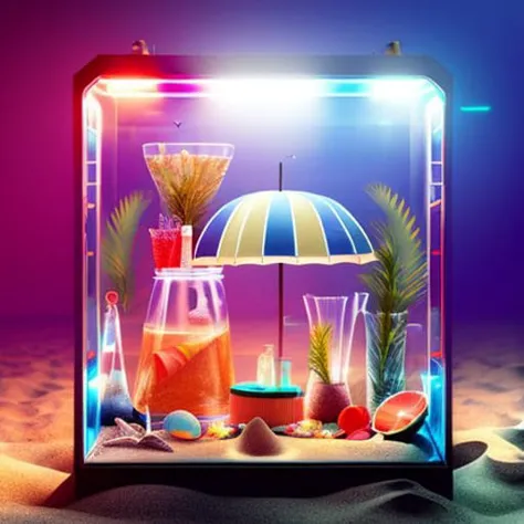 ( Summer beach party :1.2), knollingcase, display case, (labelled:1.2), overlays, oled display, (annotated:1.2), (annotations:1.2), technical, knolling, (diagram:1.2),fun color, technical drawing, dramatic lighting,octane glow, dof, reflections, refractions