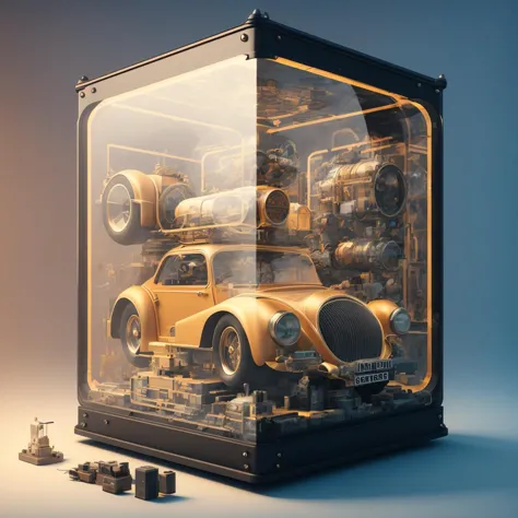 a close up of a car in a glass case with a lot of coins