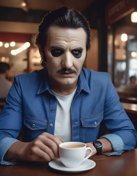 a man with a fake eye patch on his face sitting at a table