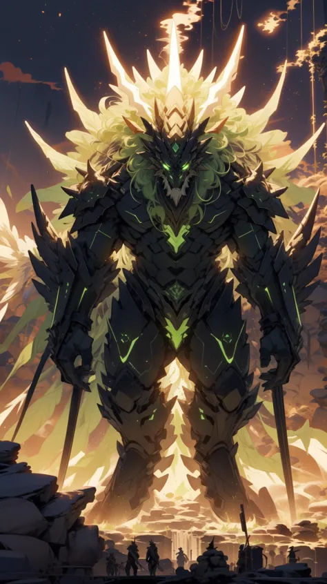 (masterpiece, best quality, ultra-detailed, intricate details), ogres, (dragonfire peaks, molten lava, draconic roars, treacherous terrain, ) Metallic green eyeshadow and black winged liner,standing,glancing upward ru_qun ru_qun,, divine beast,glowing.glowing eyes.glowing body.glowing horns.glowing sprmk, supermek,dark armor,