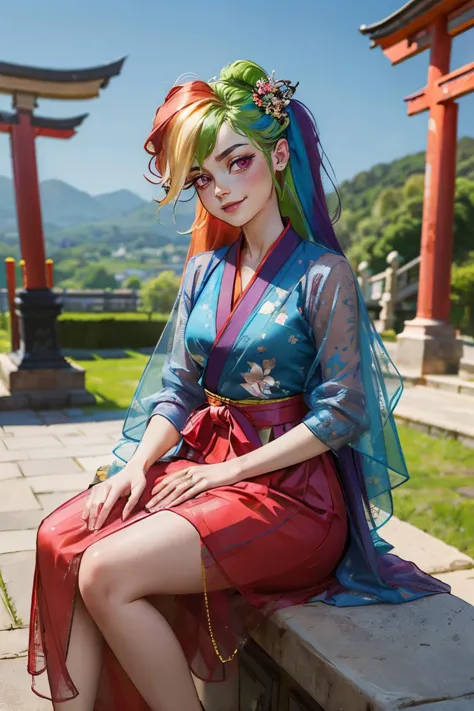 jyojifuku, hair ornament, skirt, flower, see-through,<lora:china dress v1.0:.6>
mlpdash,purple eyes, long hair, rainbow hair, looking at viewer, serious, smirk, sitting, on stone bench, outside, garden, red torii, blue sky, high quality, masterpiece,  <lora:mlp_rainbowdash:.8>