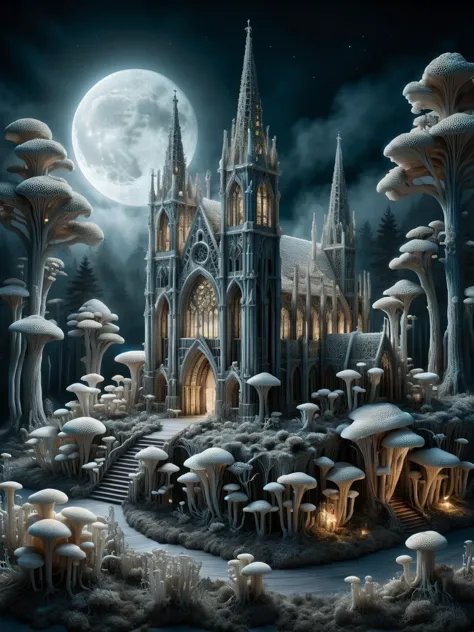 "A gothic cathedral with arches and spires crafted from ral-mycelium, in a misty forest clearing illuminated by moonlight <lora:ral-mycelium-sdxl:1>, <lora:EnvyBetterHiresFixXL01:0:hr=1>