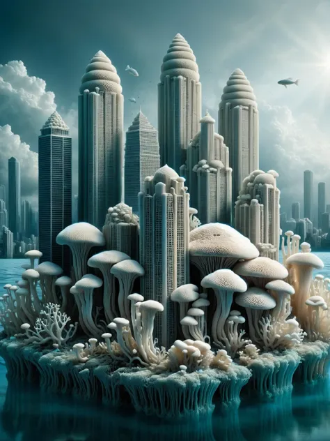 a close up of a city on a small island with mushrooms