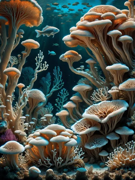 A ral-mycelium underwater realm where coral reefs intertwine with bioluminescent fungi, creating a kaleidoscope of colors and light, home to glowing fish and fantastical creatures. <lora:ral-mycelium-sdxl:1>, <lora:EnvyBetterHiresFixXL01:0:hr=1>