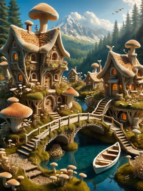 ral-mycelium, A whimsical scene of a ral-mycelium fairy village, with tiny houses, rowing boats, streams, hills, bridges, and gardens all intricately detailed in ovrgrwth textures <lora:ral-mycelium-sdxl:0.8>, dynamic, cinematic, masterpiece, intricate, hdr. <lora:EnvyBetterHiresFixXL01:0:hr=1>