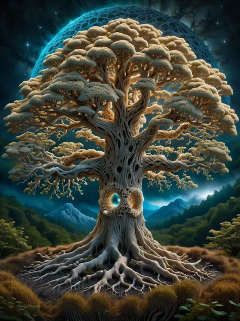 a painting of a tree with a moon in the background