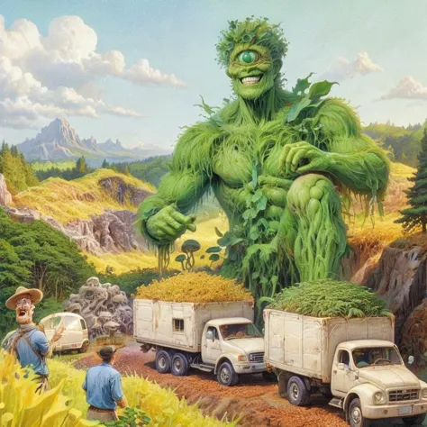 painting of a man standing next to a truck with a giant green monster on it