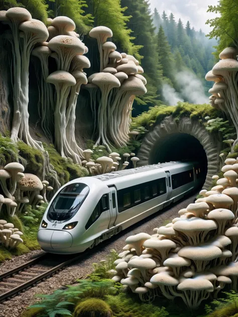 there is a train coming out of a tunnel with mushrooms growing on the side