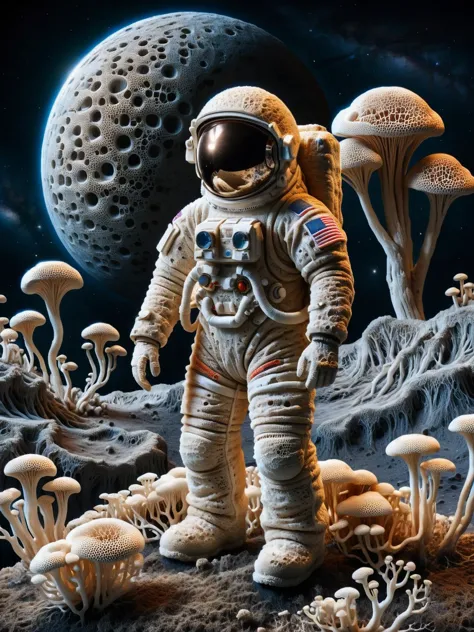 astronaut in a mushroom field with mushrooms and mushrooms