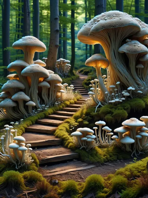 mushrooms are growing on the ground in a forest with steps