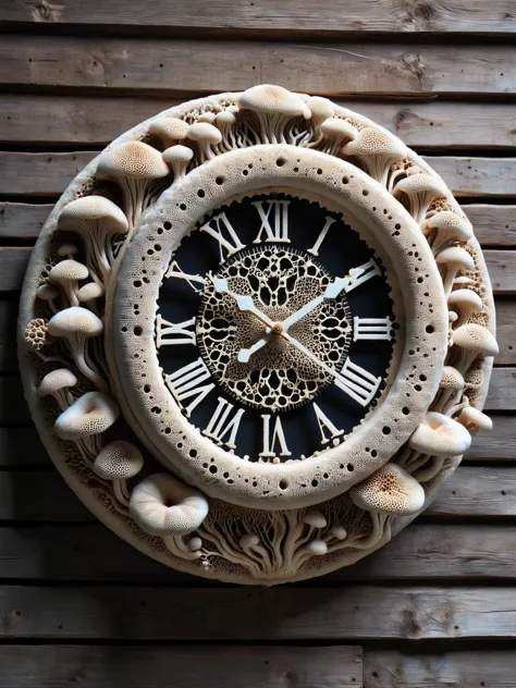 a close up of a clock with mushrooms on it on a wooden wall